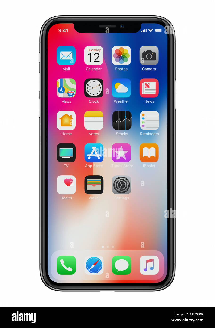 Neue Apple iPhone X 10 Vorderansicht auf weißem Hintergrund. Neue Funktionen von iOS11 machen das iPhone X noch mehr fähig. Stockfoto