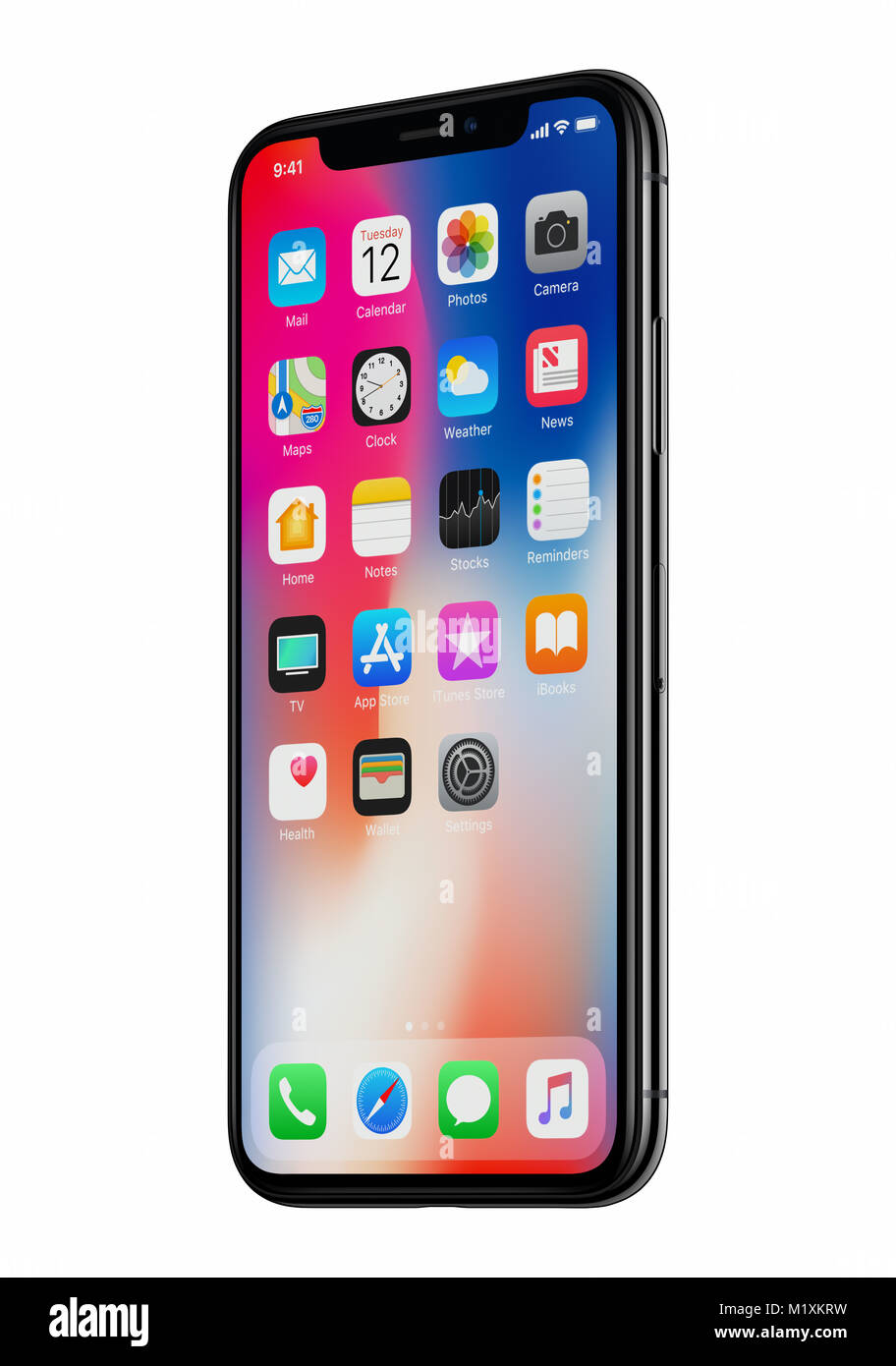 Neue Apple iPhone X 10 Vorderansicht etwas auf weißem Hintergrund gedreht isoliert. Neue Funktionen von iOS11 machen das iPhone X noch mehr fähig. Stockfoto
