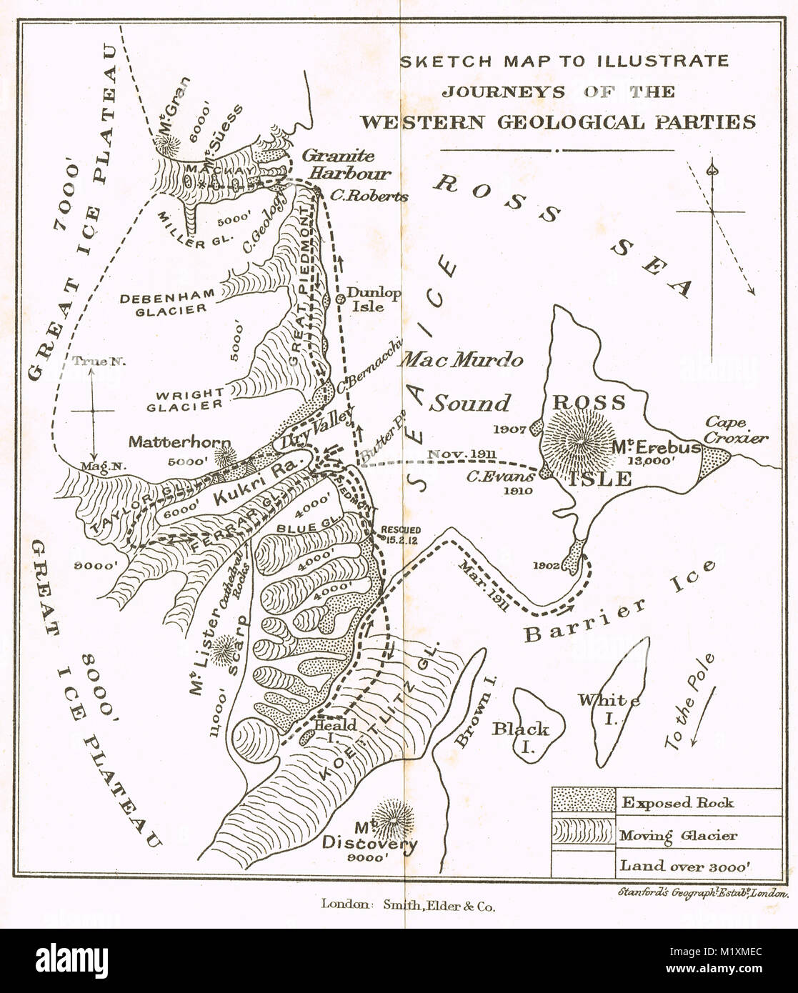 Kartenskizze, Reisen der westlichen geologischen Parteien, 1911-12, endgültige Scott's Expedition Stockfoto