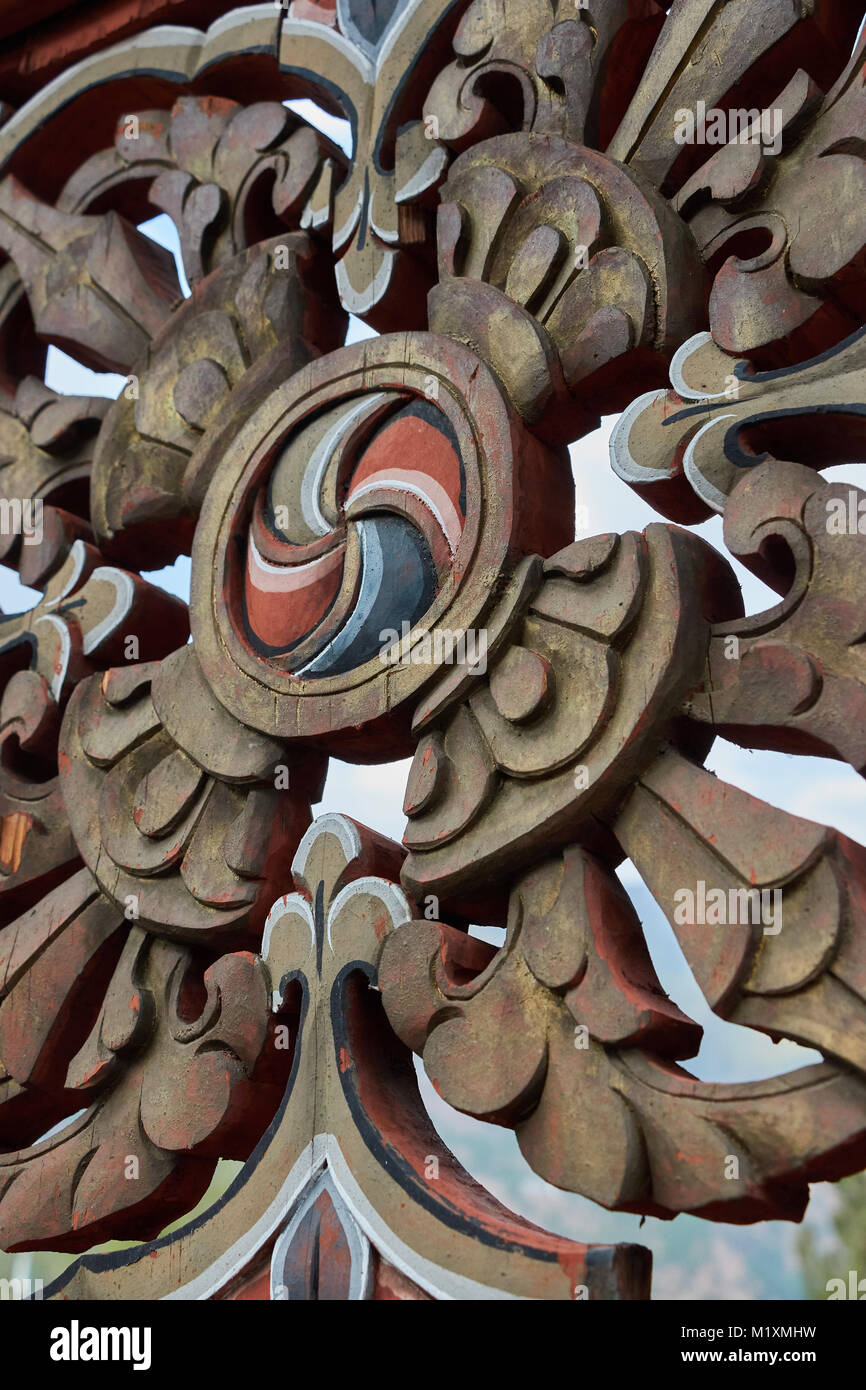 Holz Dekoration an Bhutan Stockfoto