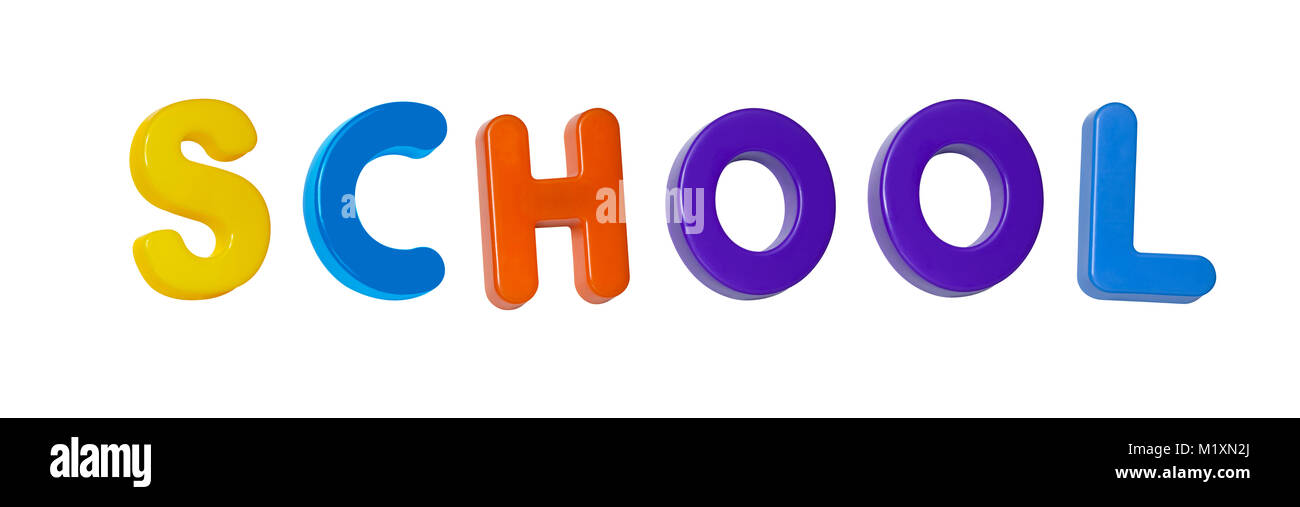 Das Wort 'Schule' aus farbigem Kunststoff Buchstaben Stockfoto