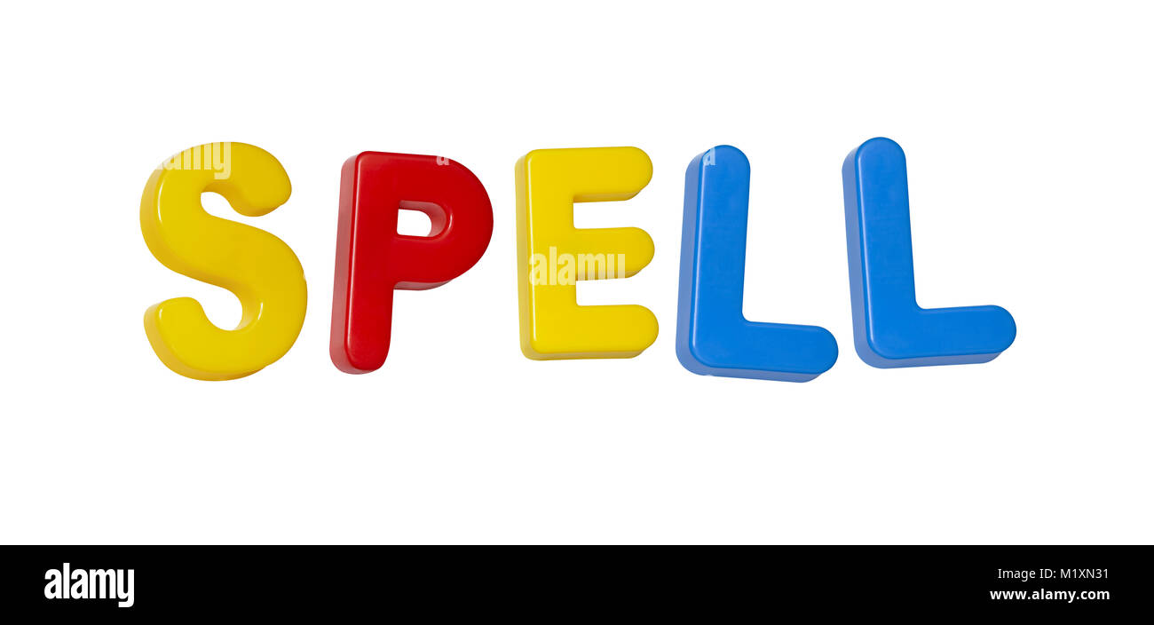 Das Wort 'spell' aus farbigem Kunststoff Buchstaben Stockfoto