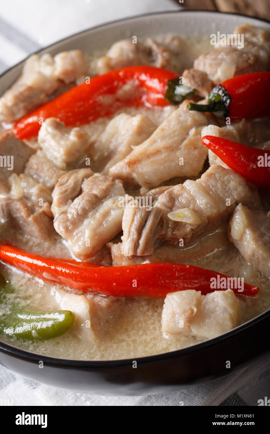 Philippinisches Essen: bicol Express vom Schweinebauch und Kokosmilch close-up in eine Schüssel. Vertikale Stockfoto