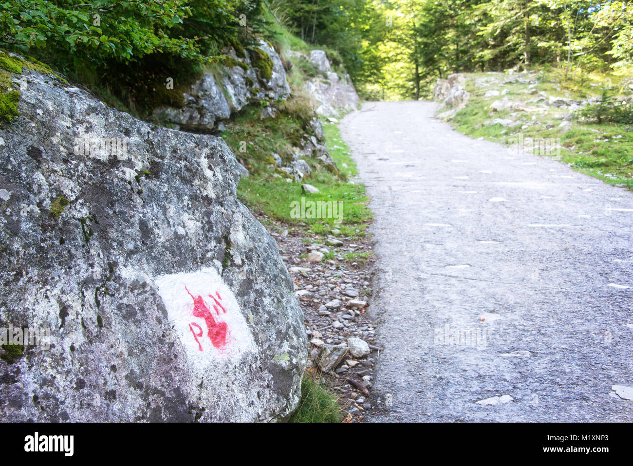 Symbol von der Grenze der Nationalpark der Pyrenäen gemalt auf einem Felsen Stockfoto