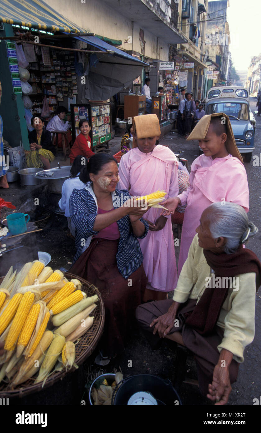 Myanmar (Birma). Yangon (Rangoon). Buddhistische Nonnen Sammeln von Nahrung. Stockfoto