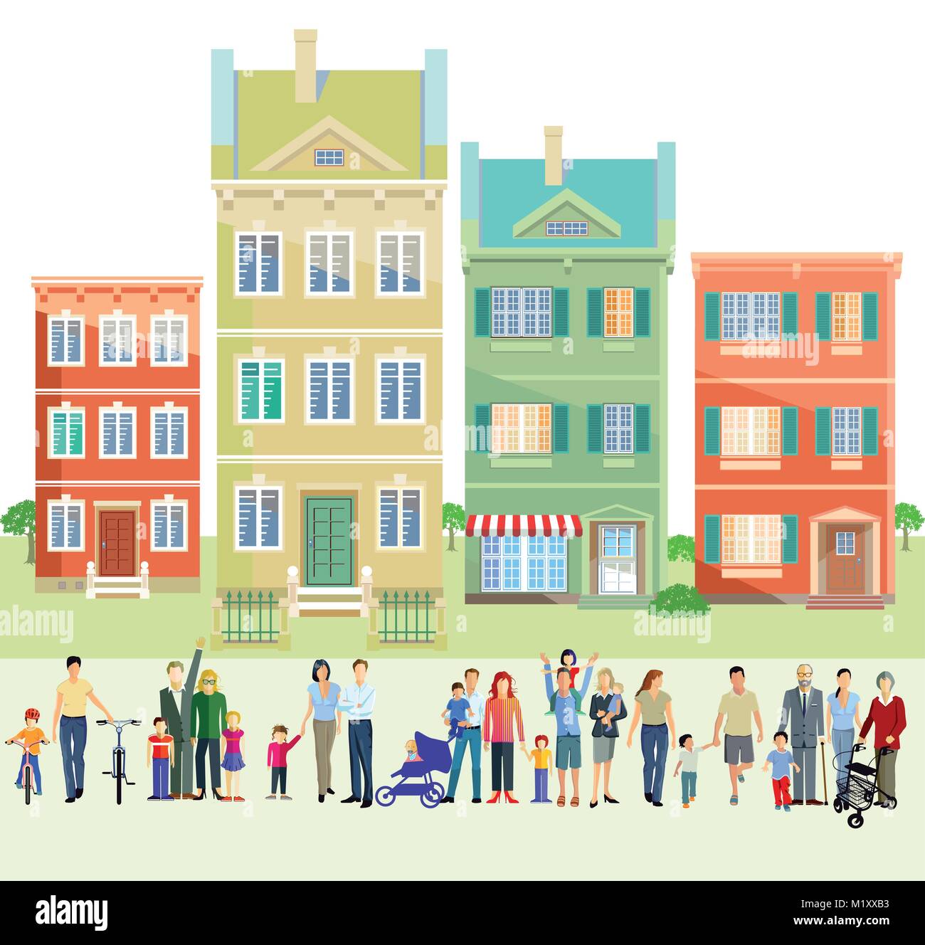 Familie Gruppen vor Häusern, Abbildung Stock Vektor