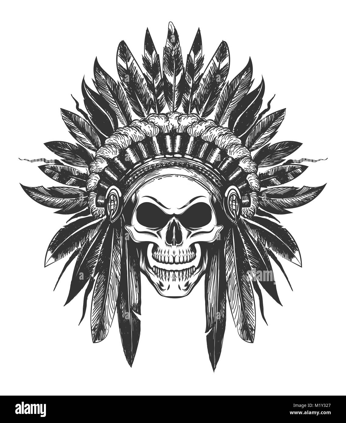Menschliche Schädel in Native American Indian War Bonnet in Tattoo Stil gezeichnet. Vector Illustration. Stock Vektor