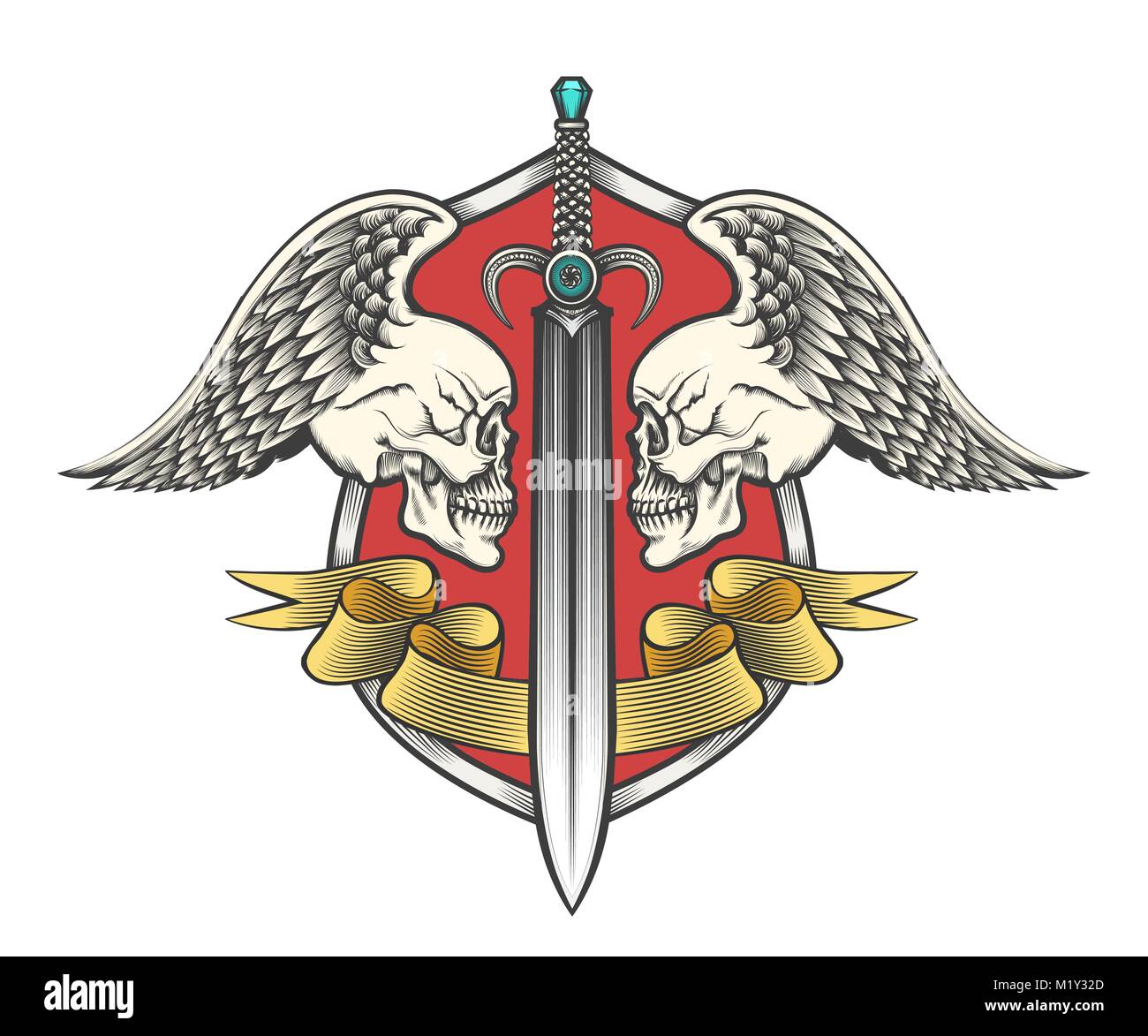 Paar geflügelten Schädel und Schwerter mit Band auf der Abdeckung. Heraldy Wappen in Gravur Stil gezeichnet. Vector Illustration. Stock Vektor
