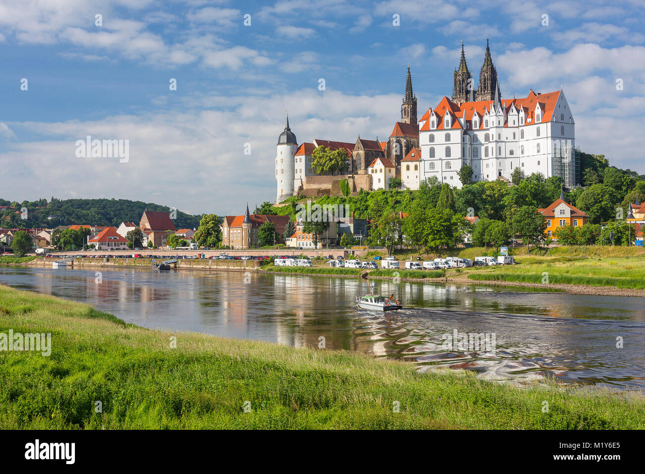 Schloss Albrechtsburg, Dom und Bischofsschloss mit Elbe, Meißen, Sachsen, Deutschland Stockfoto