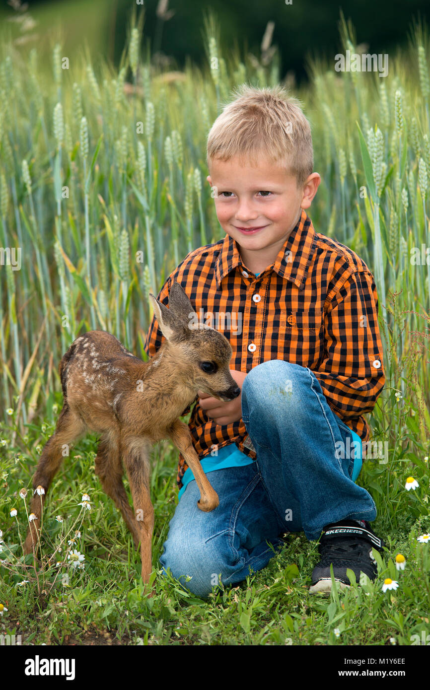 Handaufzucht, Junge sitzt mit einem zahmen Reh in einer Wiese, Steiermark, Österreich Stockfoto