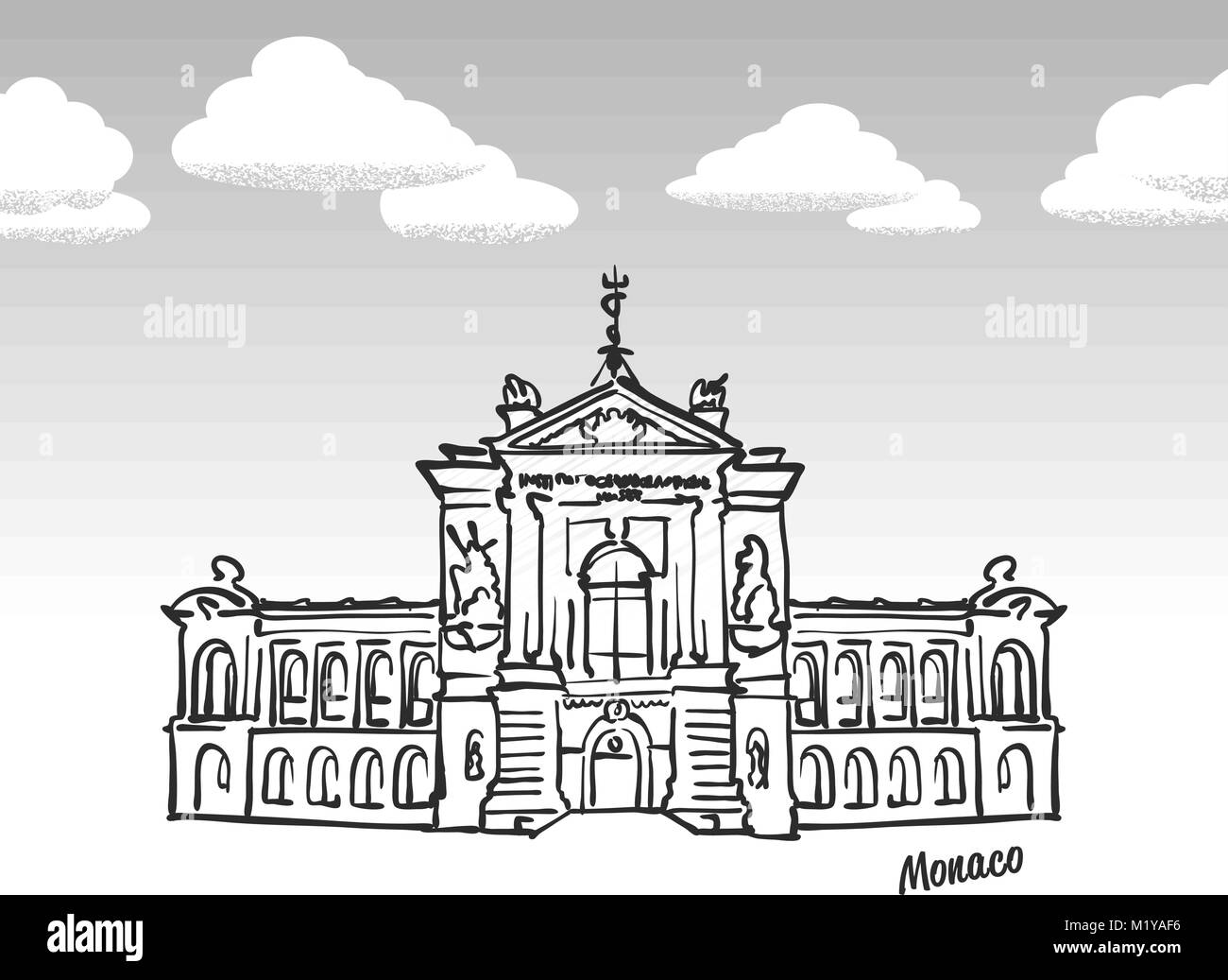 Monaco Wahrzeichen Skizze. Lineart Zeichnung von Hand. Grußkarte Symbol mit Titel, Vektor, Abbildung Stock Vektor