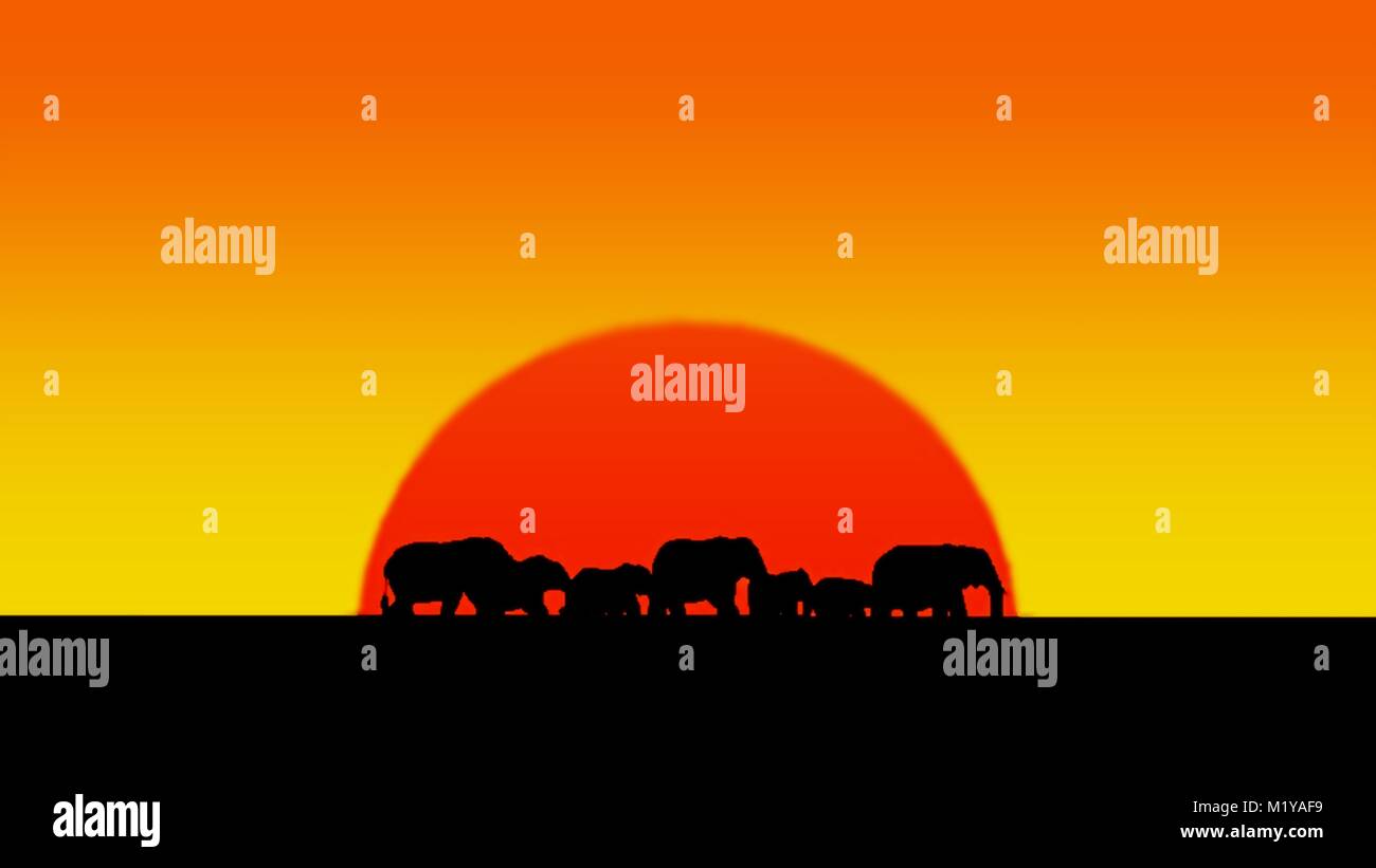 Eine Kette von afrikanischen Elefanten über eine orange Sonnenuntergang in Afrika. Bild in hellen Gelb- und orange mit silhouets Stock Vektor