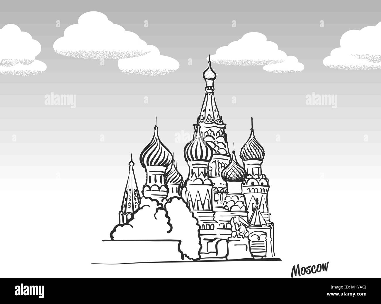 Moskau, Russland Wahrzeichen Skizze. Lineart Zeichnung von Hand. Grußkarte Symbol mit Titel, Vektor, Abbildung Stock Vektor