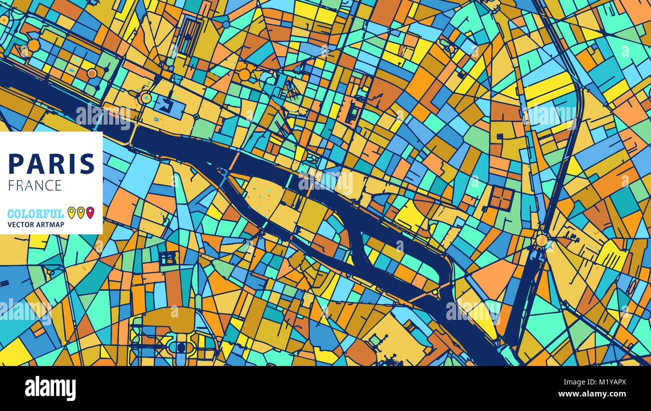 Paris, Frankreich, bunte Vektor Artmap. Blue-Orange-gelbe Version für Website Infografik, Wand Kunst und Grußkarte Hintergründe. Stock Vektor