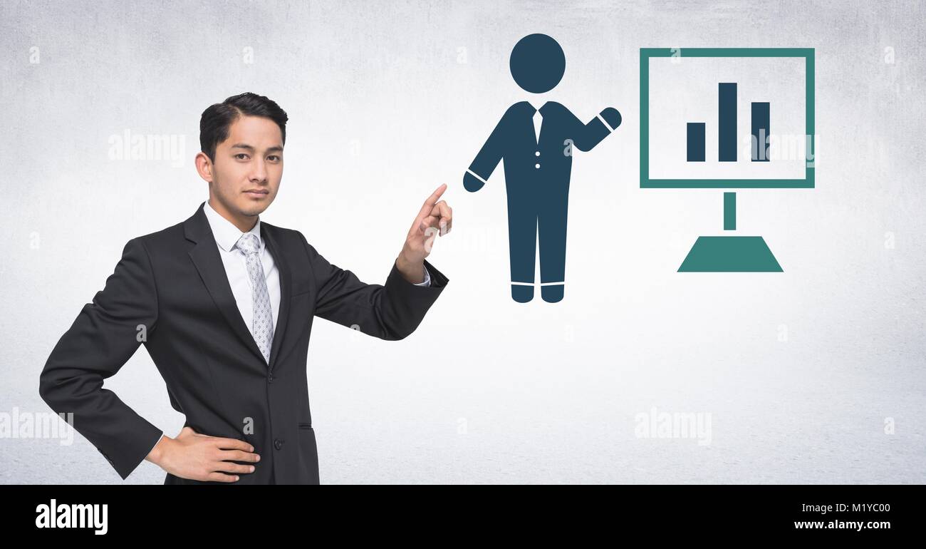 Geschäftsmann bei der Präsentation Bildschirm Chart Symbol zeigen Stockfoto