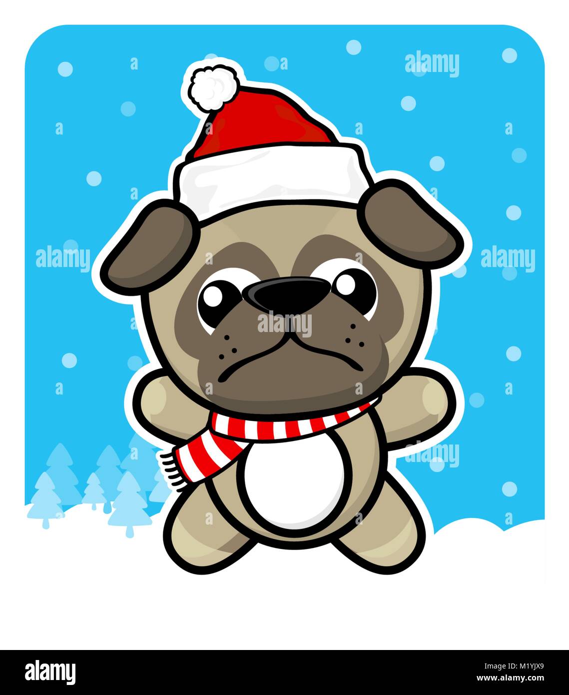 Cute Baby mops Hund mit santa claus red hat auf Winter Hintergrund Stock Vektor