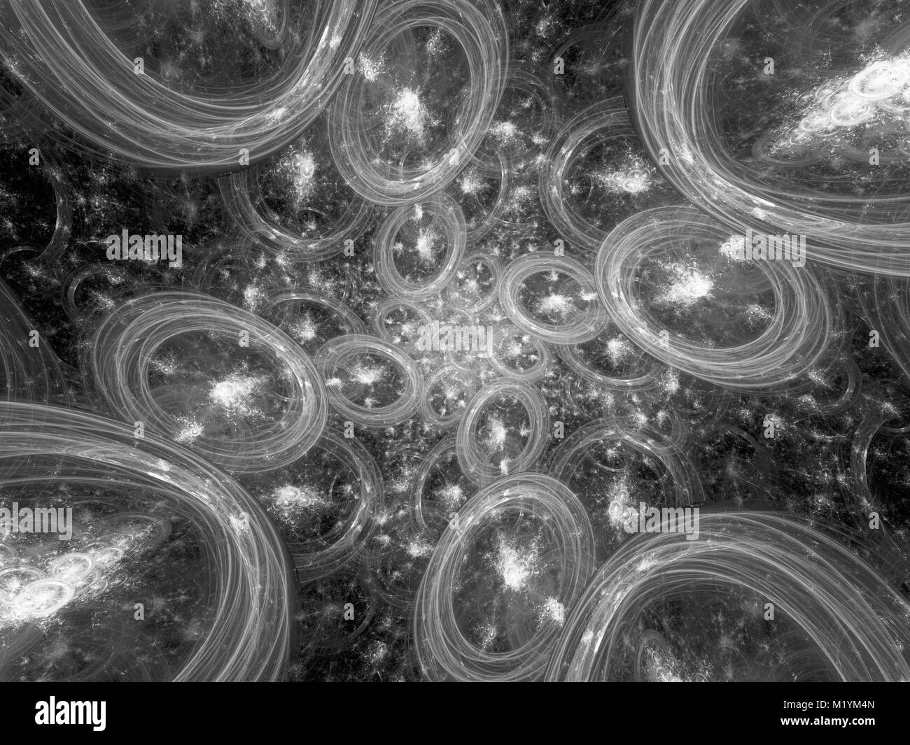 Mehrere leuchtende Blase Universen Fraktale, Computer abstrakte schwarz-weiß Textur erzeugt, 3D-Rendering Stockfoto