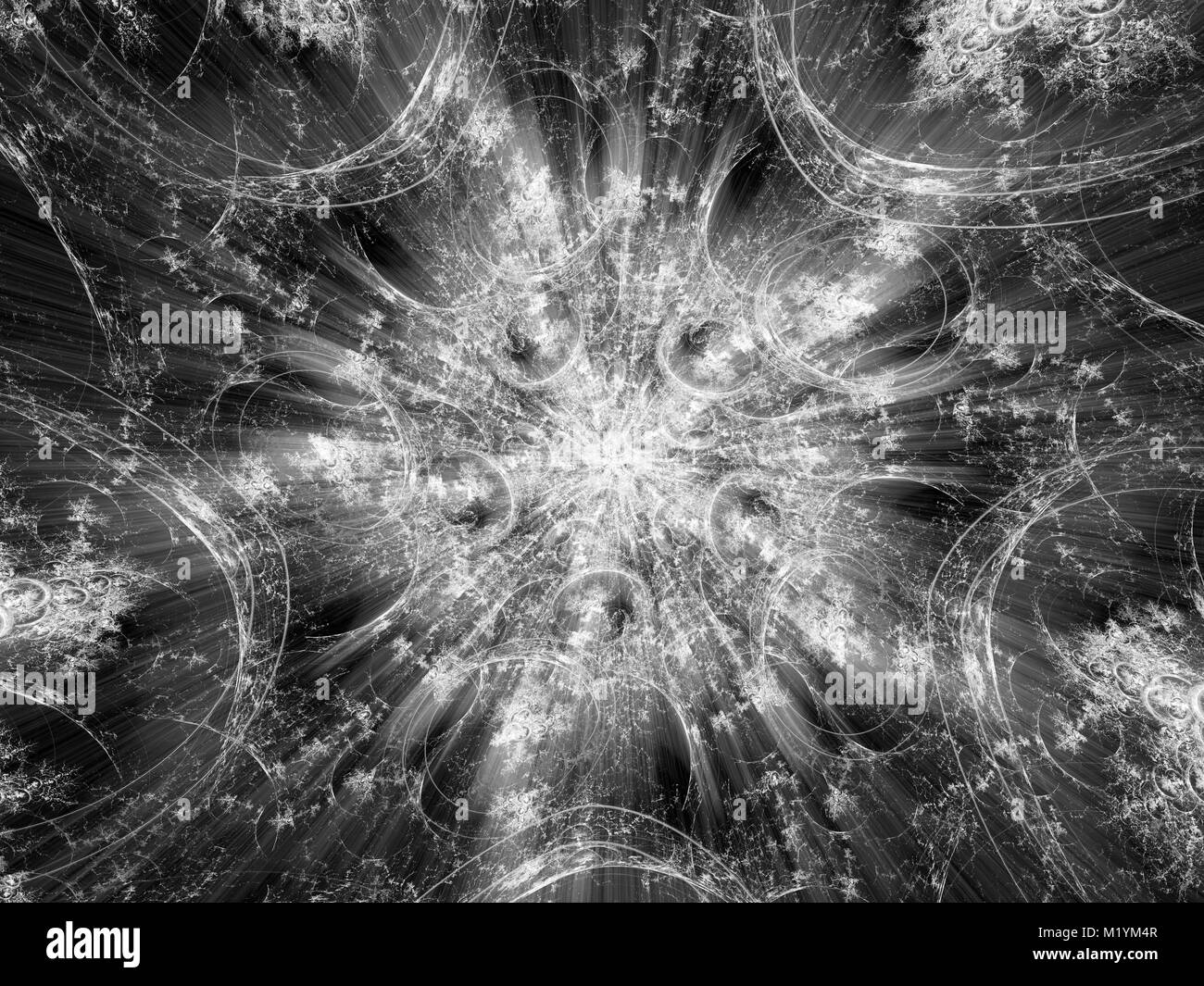 Leuchtende magische fraktale Form im Raum, Computer generiert abstrakte schwarz-weiß Textur, 3D-Rendering Stockfoto