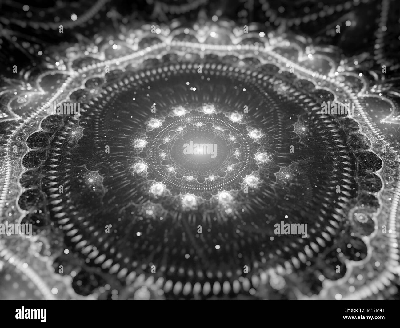Glühende Mandala im Raum, Computer generiert abstrakte schwarz-weiß Textur, 3D-Rendering Stockfoto
