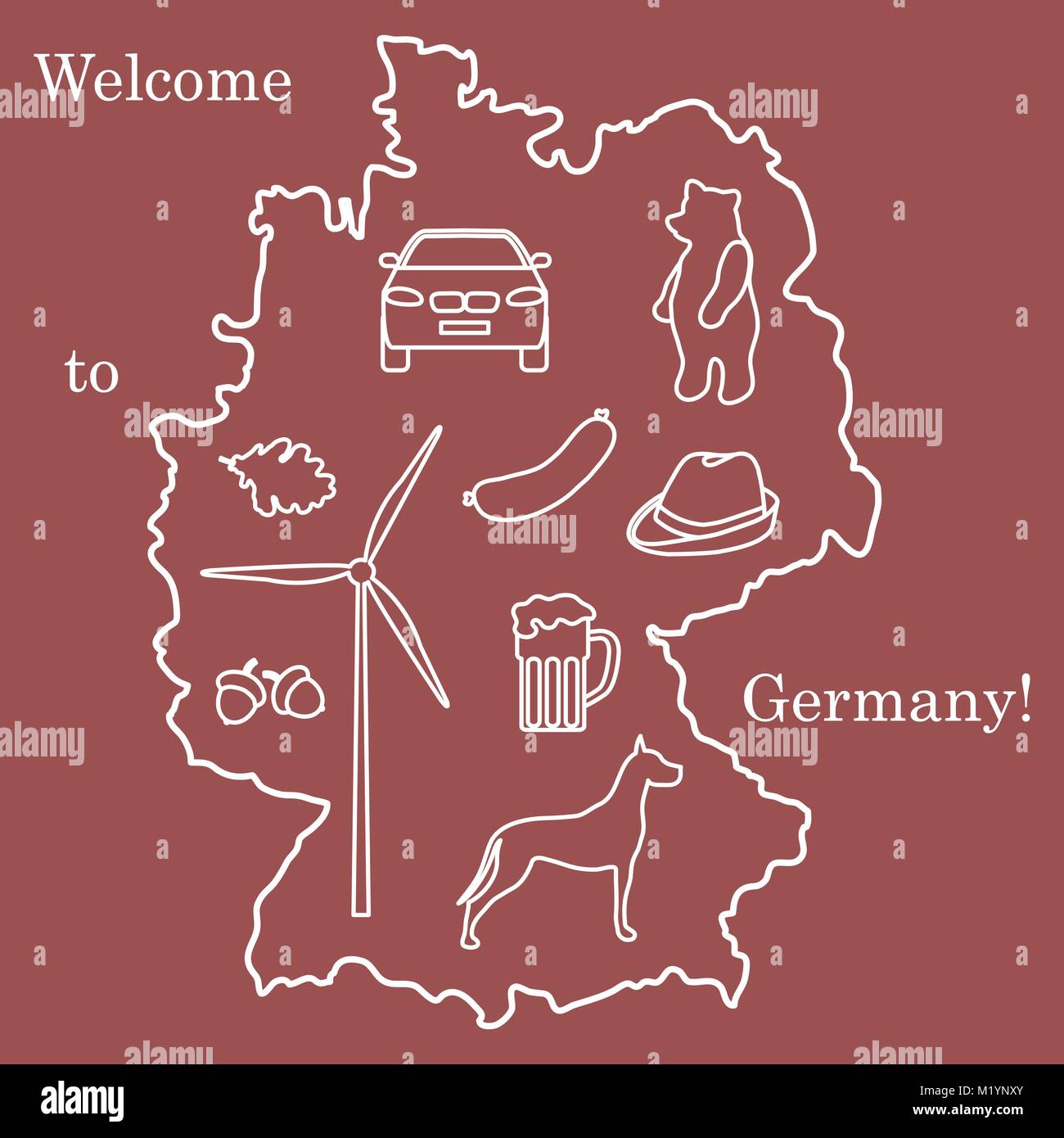 Vector Illustration mit verschiedenen Symbolen in Deutschland. Reisen und Freizeit. Design für Banner, Poster oder Drucken. Stock Vektor