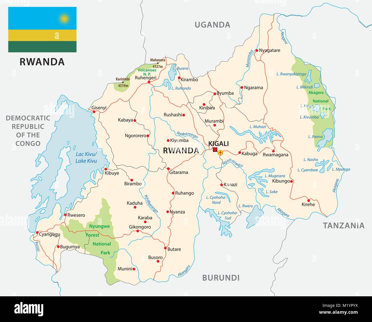 Ruanda Straße und Nationalpark Vektorkarte mit Fahne Stock Vektor