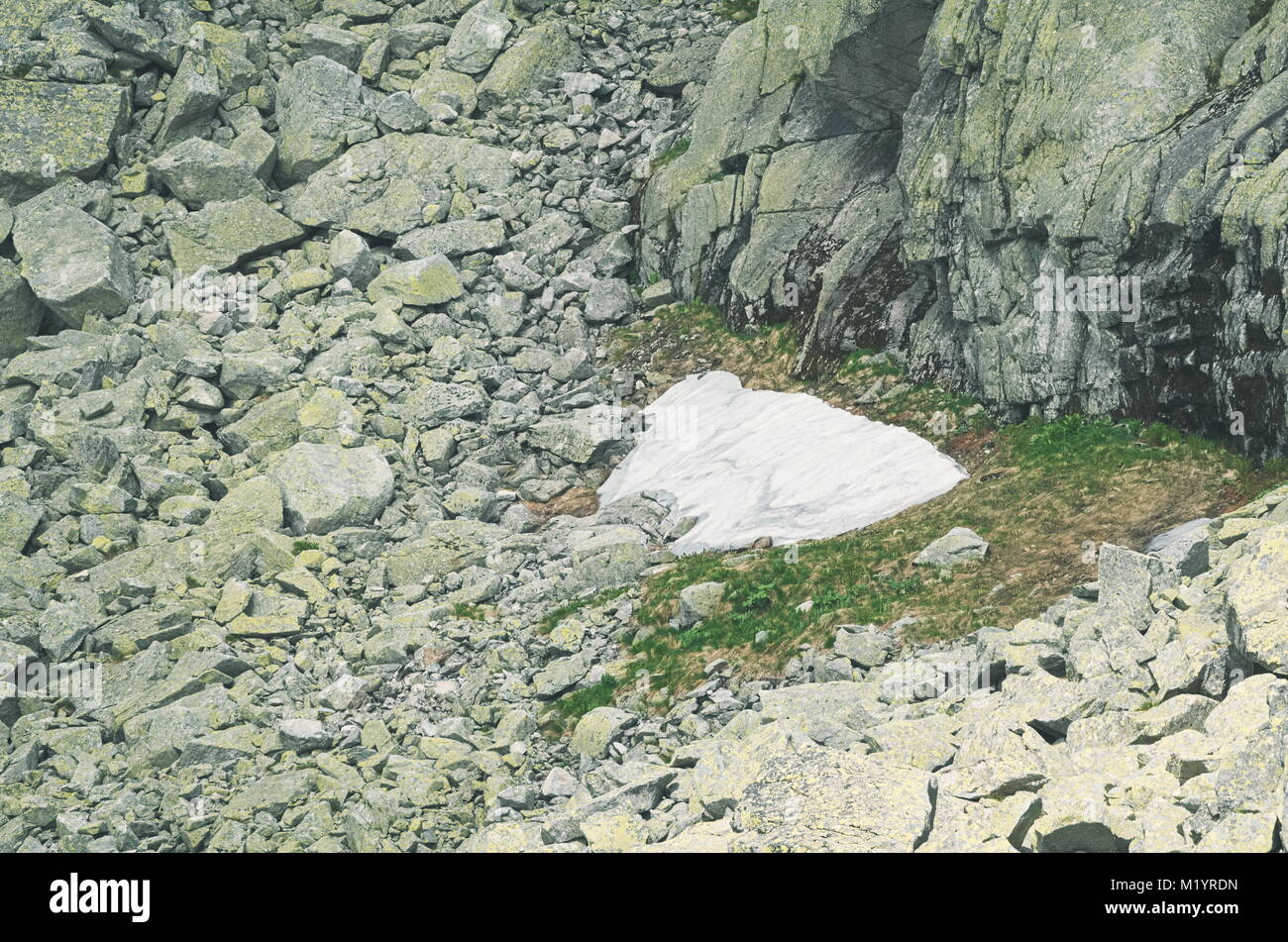 Patch von Schnee mit grauen Felsen im Sommer Stockfoto