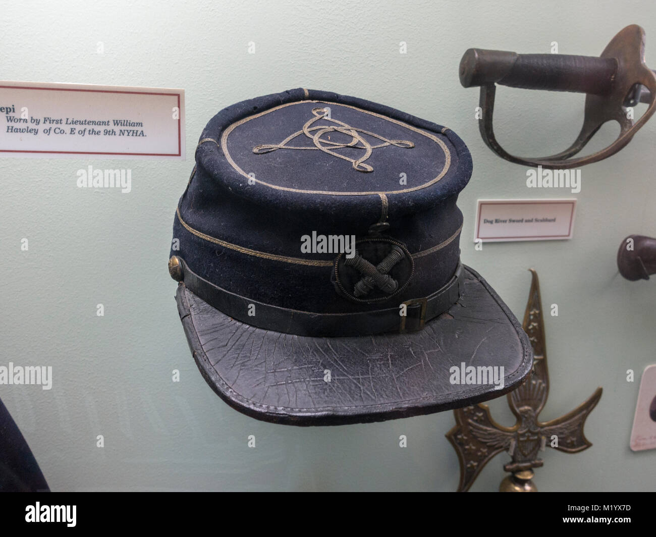 Kepi getragen von 1 Lt William Hawley auf Anzeige im Visitors Center, Monocacy nationales Schlachtfeld, Frederick, MD, USA. Stockfoto