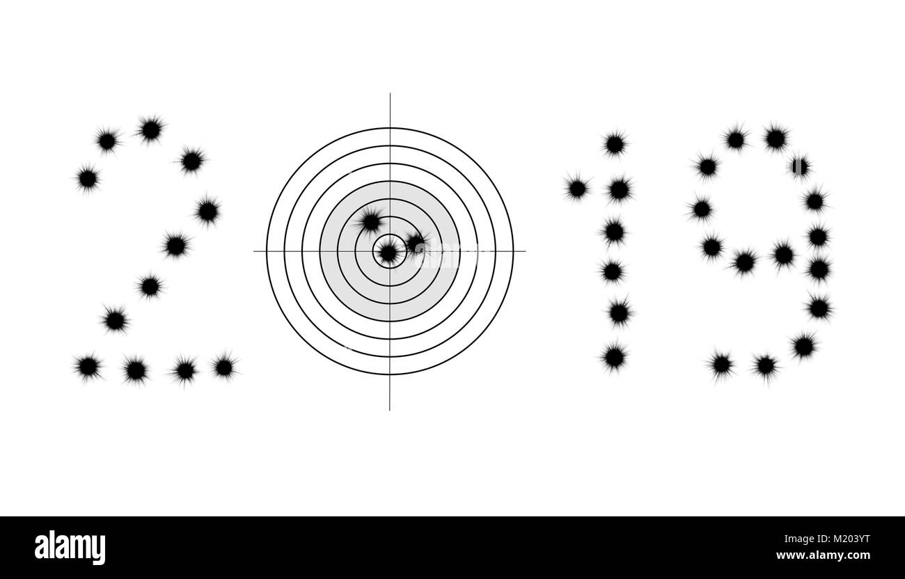 Einschusslöcher und Ziel in Form von 2019 isoliert auf weißem Stockfoto
