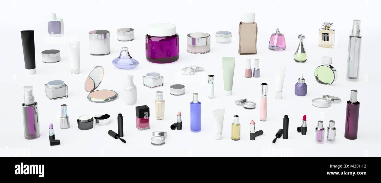 Einstellen der Make-up-Produkte und tägliche, Beauty Care Kosmetik auf weißem Hintergrund. Stockfoto