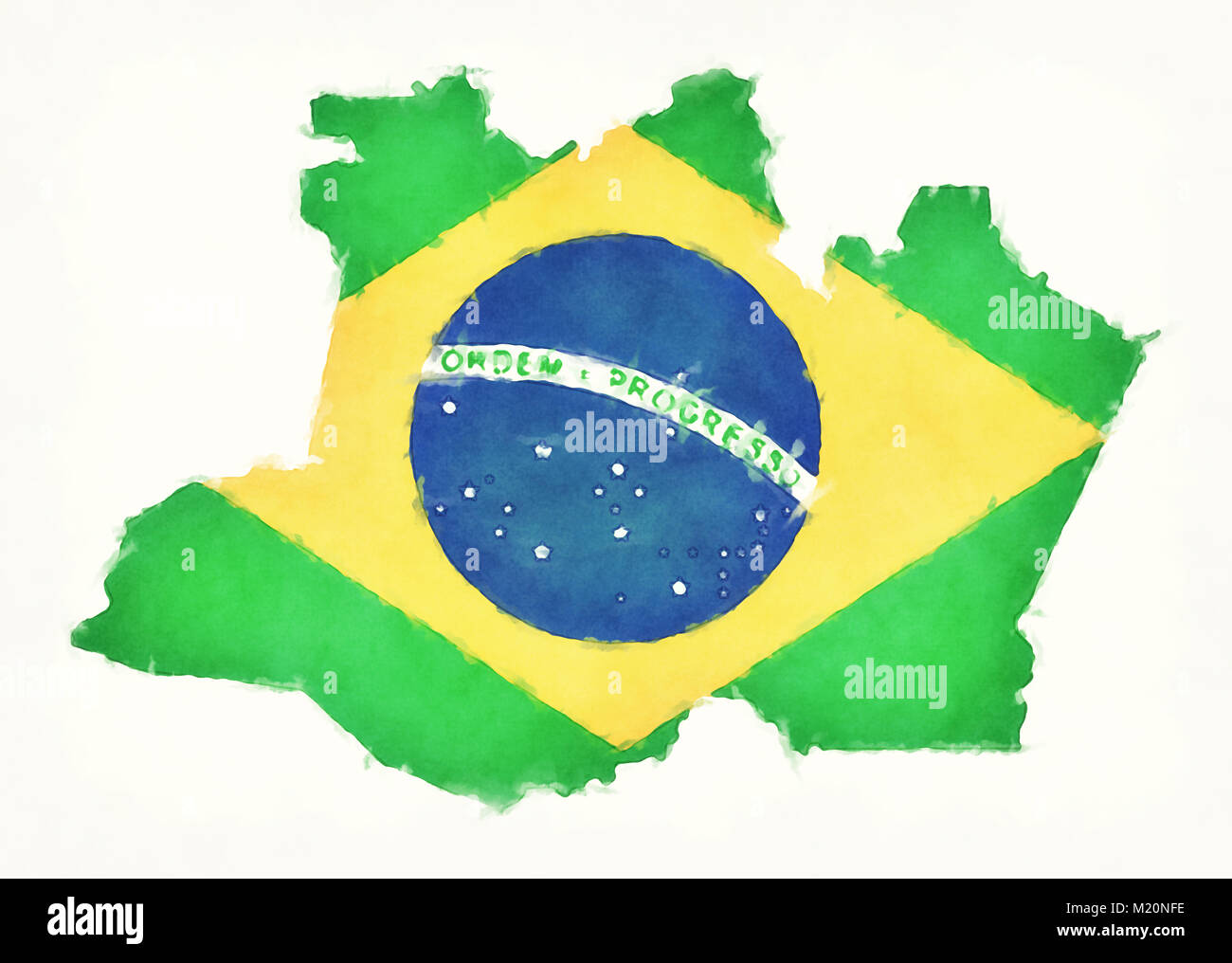 Amazonas aquarell Karte mit brasilianischen Nationalflagge vor einem weißen Hintergrund Stockfoto