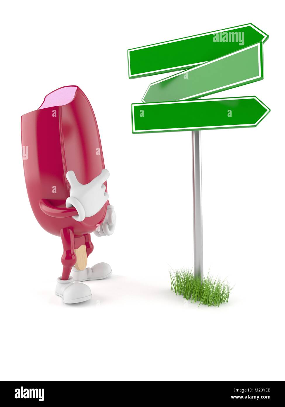 Eis Charakter mit leeren Wegweiser auf weißem Hintergrund Stockfoto