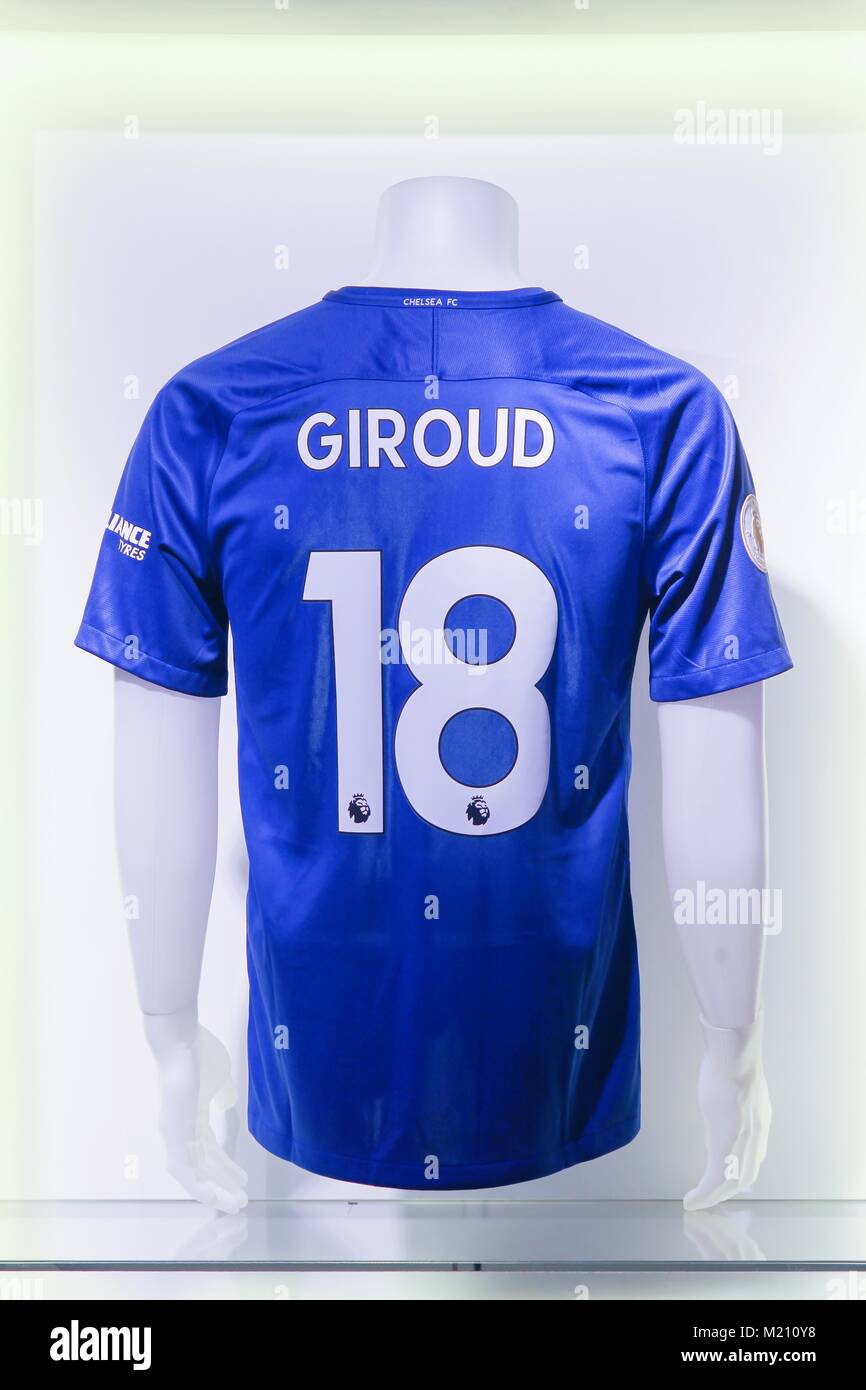 London, Großbritannien, 1. Februar 2018: Shirt von Olivier Giroud, neue Unterzeichnung des Chelsea Football Club, die im Januar 2018 bei Chelsea Stamford Bridge. Stockfoto