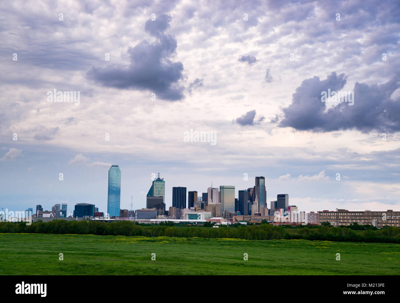 Ein üppiger, grüner Beltway erscheint vor der städtischen Landschaft von Houston, TX, USA Stockfoto