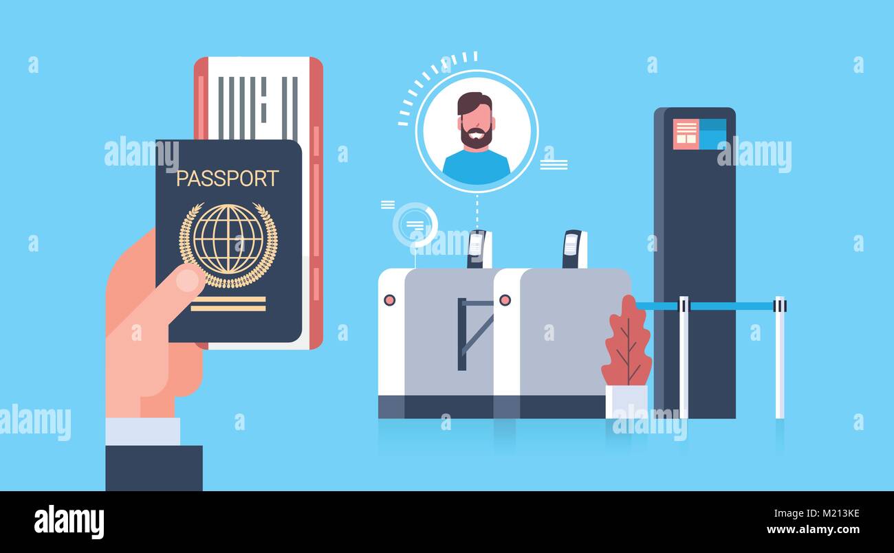 Business Hand mit Reisepass und Tickets für Flugzeug über im Scanner am Flughafen Mann während der Registrierung für den Abflug Konzept prüfen Stock Vektor