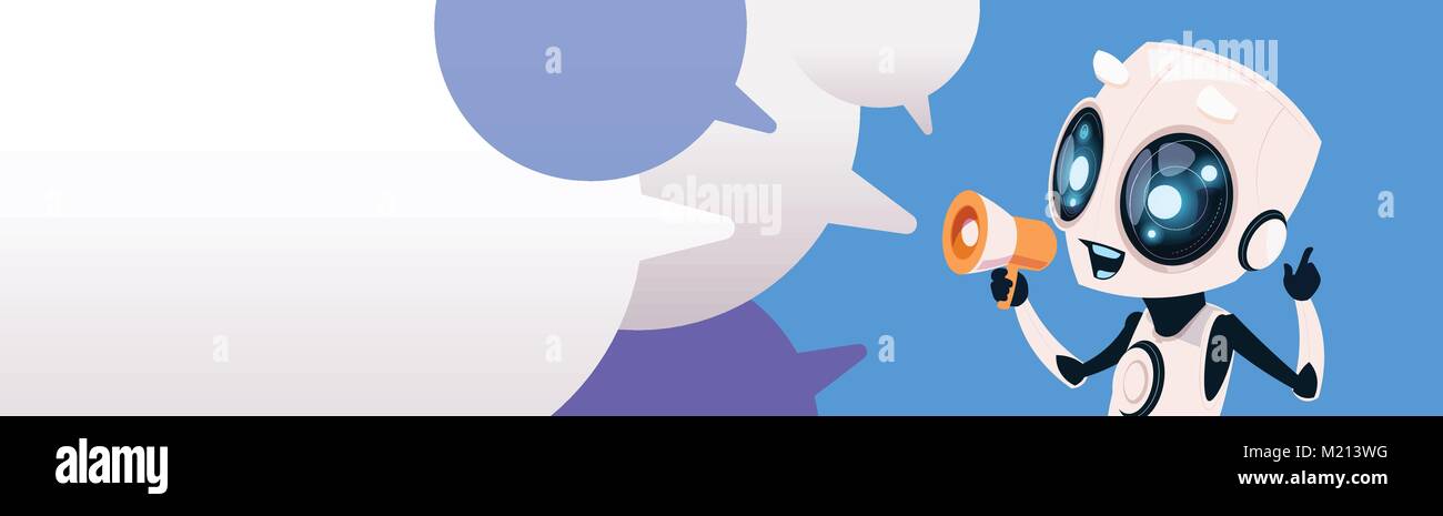 Süß lächelnd Roboter Chatbot Holding Megaphon über Chat Blasen horizontale Bannner Stock Vektor