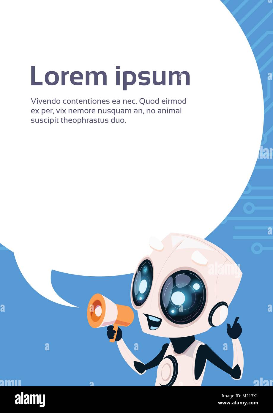 Niedliche Roboter Chatbot Holding Megaphon Nachricht über Chat Bubble Hintergrund mit Kopie Raum Stock Vektor