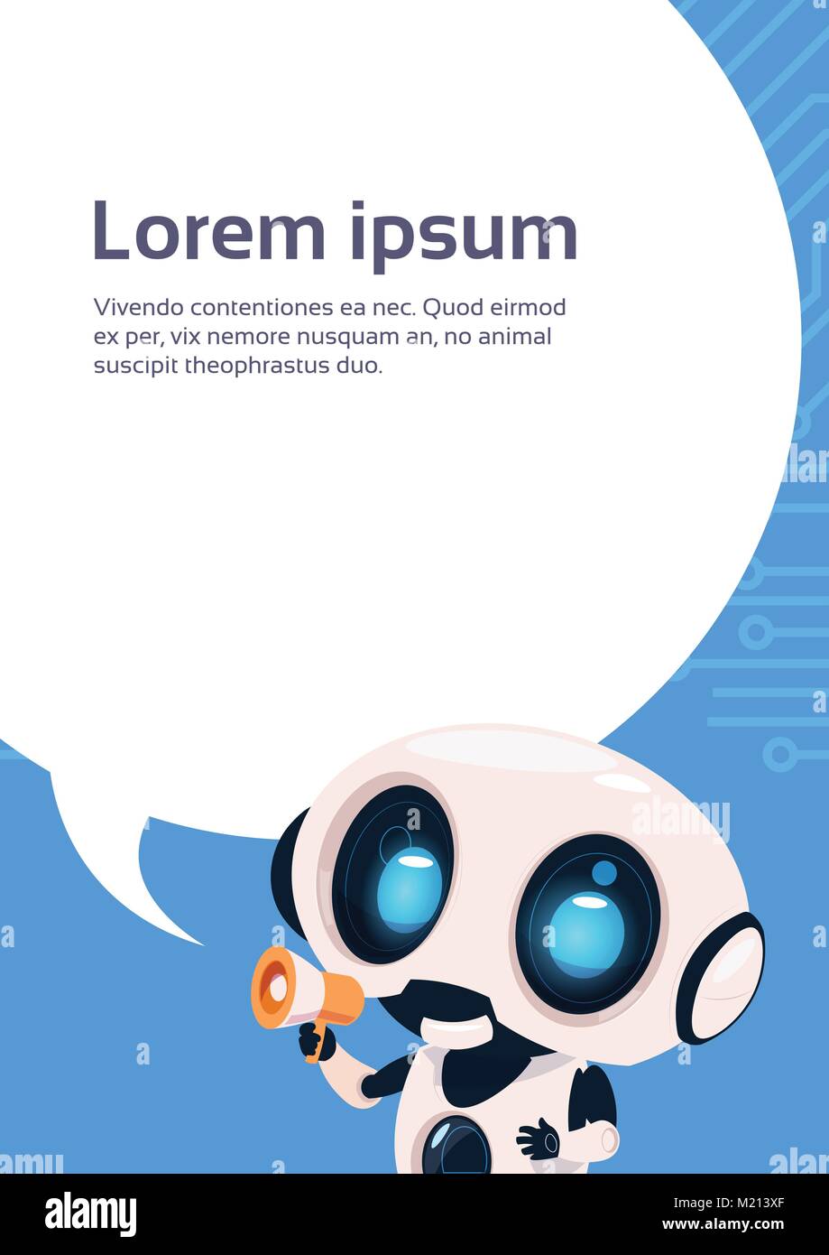 Roboter Digital Marketing Chat Bot Holding Megaphon über Chat Bubble Hintergrund mit Kopie Raum Stock Vektor