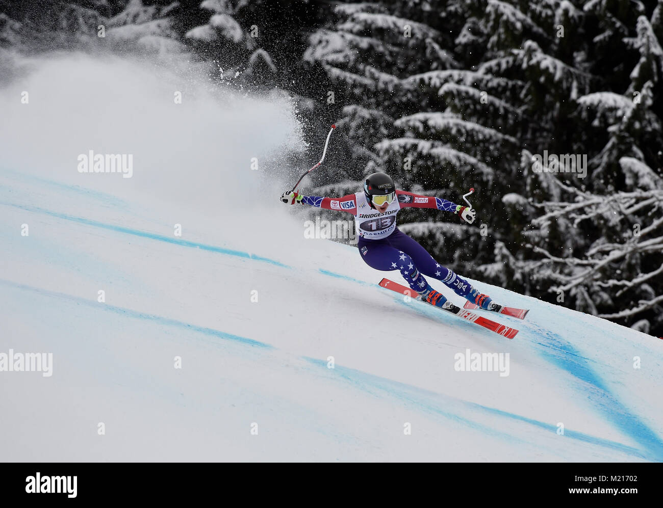 Garmisch-Partenkirchen, Deutschland. 3 Feb, 2018. Die USA Jacqueline Wiles in Aktion kurz vor ihrer Verletzung an der Ski-WM in Garmisch-Partenkirchen, Deutschland, 3. Februar 2018. Quelle: Angelika Warmuth/dpa/Alamy leben Nachrichten Stockfoto