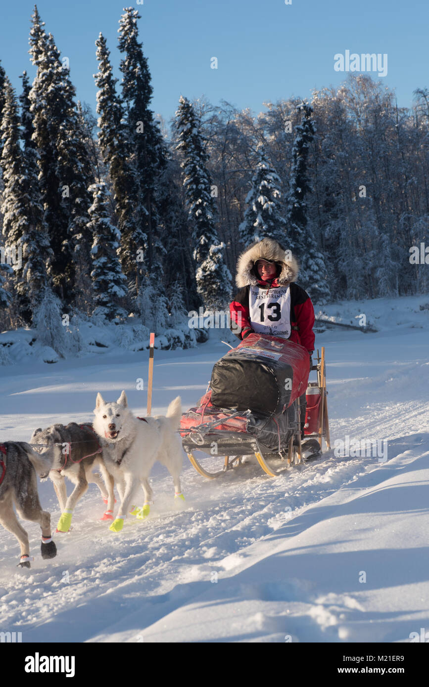 FAIRBANKS, Alaska - Februar 3, 2018: Race Veteran Laura Neese, von McMillan, MI, auf dem Chena River im Yukon Quest 2018. Credit: Roger Asbury/Alamy leben Nachrichten Stockfoto
