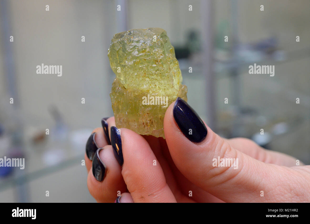 Clouse von gelber Beryll Mineral in Europa in Norwegen gefunden, Holding durch die Finger. 5. Januar 2018. Workshop - Boutique" MINERALIA", Kiew, Ukraine Stockfoto