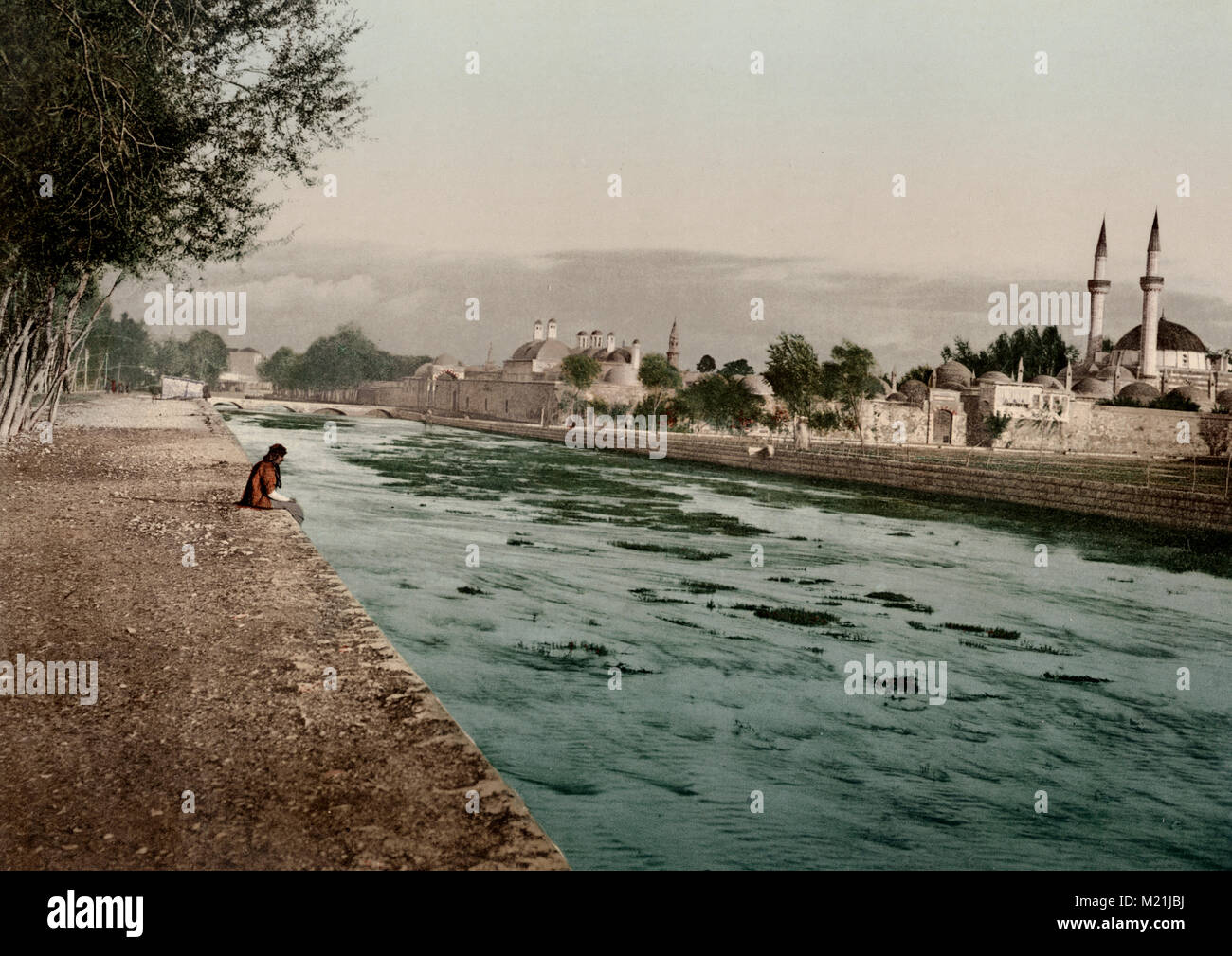 C 1890 s Heilige Land Israel Palästina photochrom - Barada Fluss, Stadt Damaskus Syrien Stockfoto