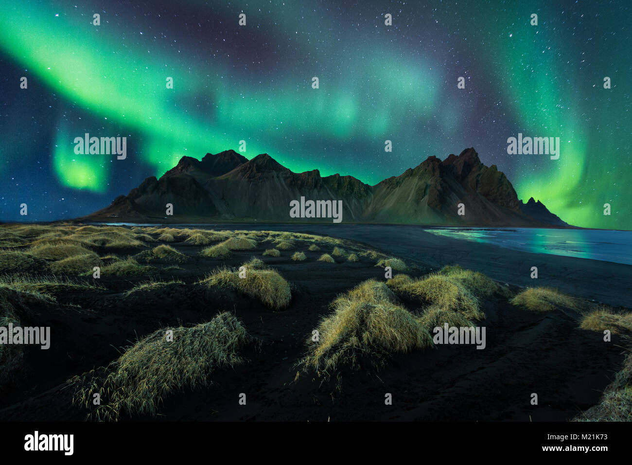 Northern Lights in Stokksnes in Island Stockfoto