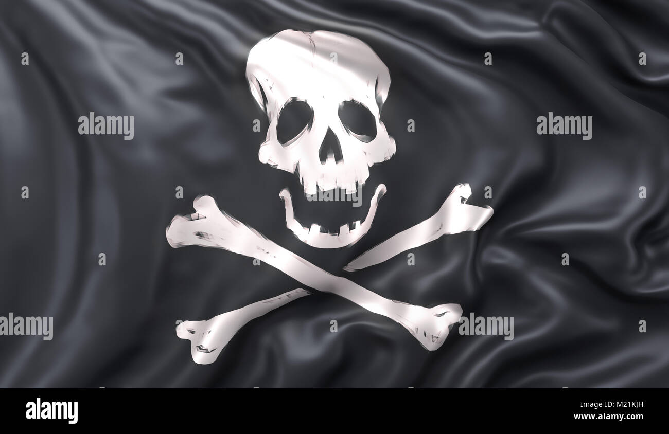 Schwarze Piratenflagge mit totenkopf und gekreuzten knochen, in den Wind. 3D-Darstellung Stockfoto