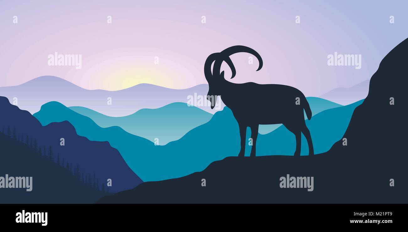 Berge, Steinböcke und Wald bei Sonnenaufgang. Landschaft mit Silhouetten Stock Vektor