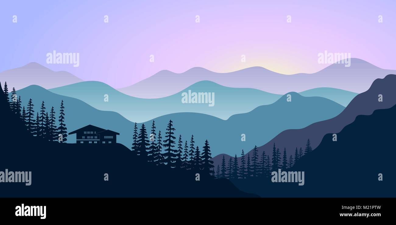 Silhouetten der Berge, Chalet und Wald bei Sonnenaufgang. Vector Illustration. Stock Vektor