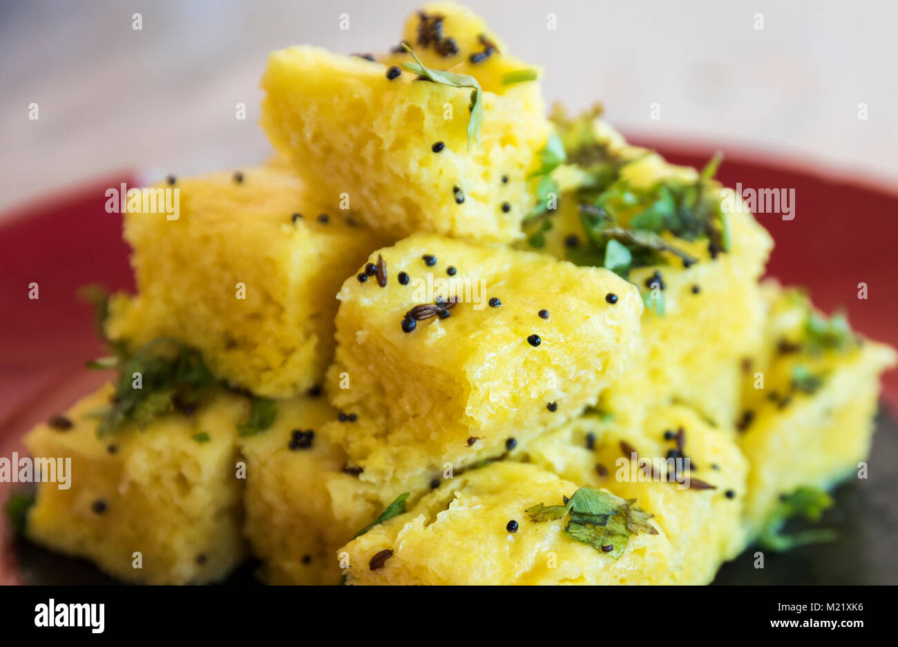 Gujarati Khaman Dhokla oder gedämpft Gramm Mehl Snack - Indische Küche Stockfoto