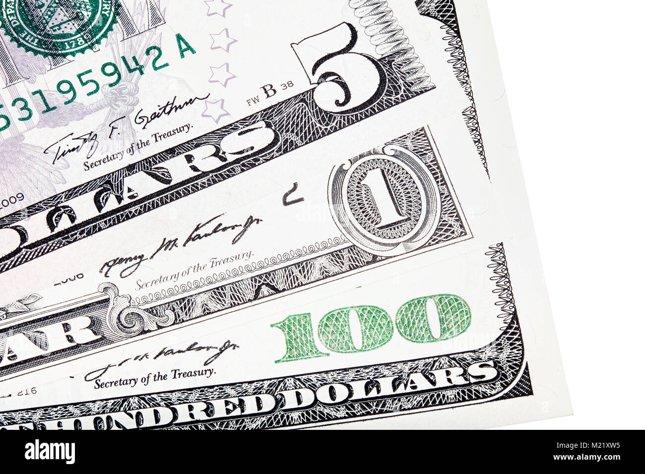 Us-dollar Geld gestapelt, isoliert auf Weiss. Stockfoto