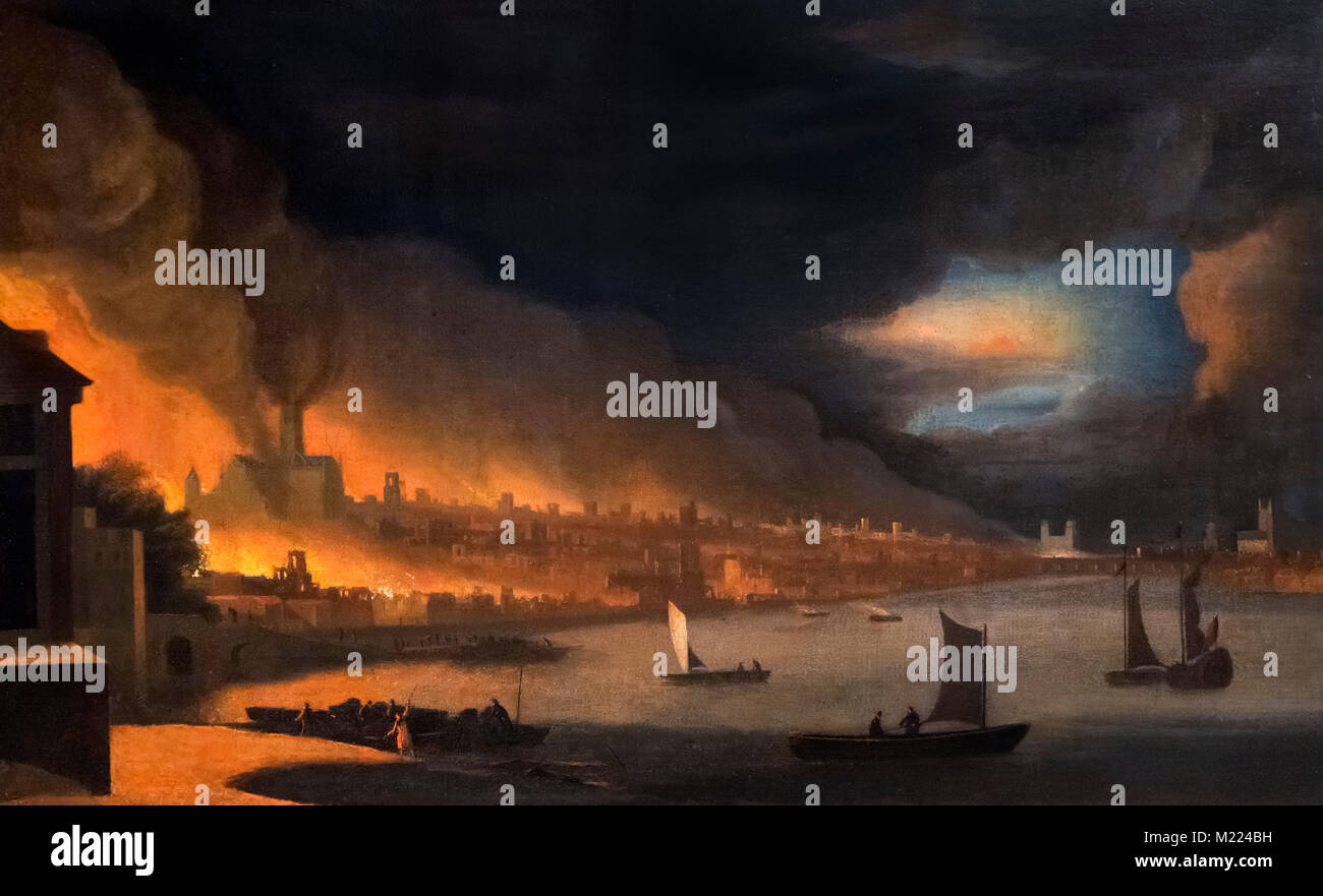 Das große Feuer von London, 1666 nach Waggoner, Öl auf Leinwand, Datum unbekannt. Stockfoto