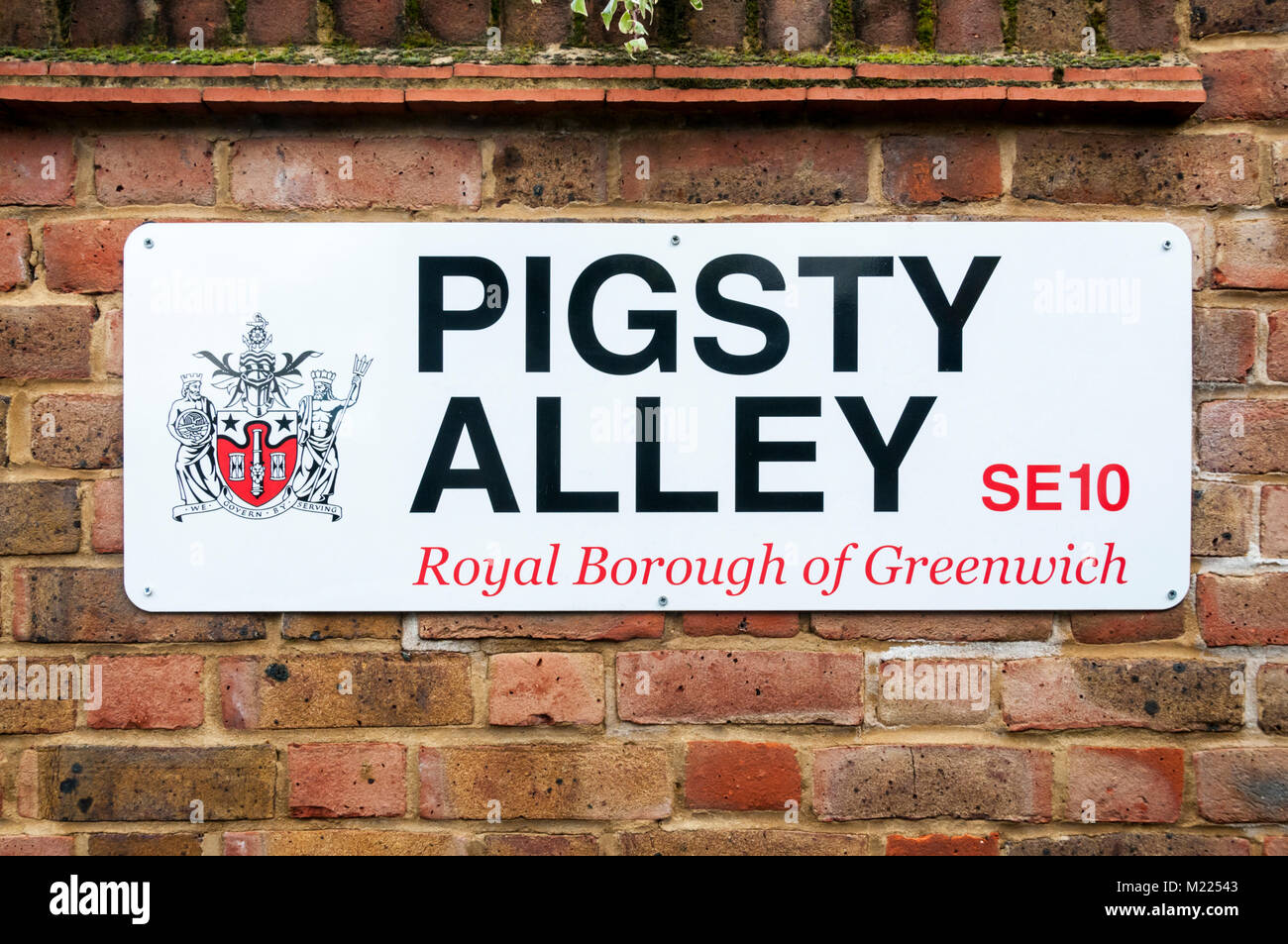 Straßennamen Zeichen für Schweinestall Gasse in Greenwich Stockfoto