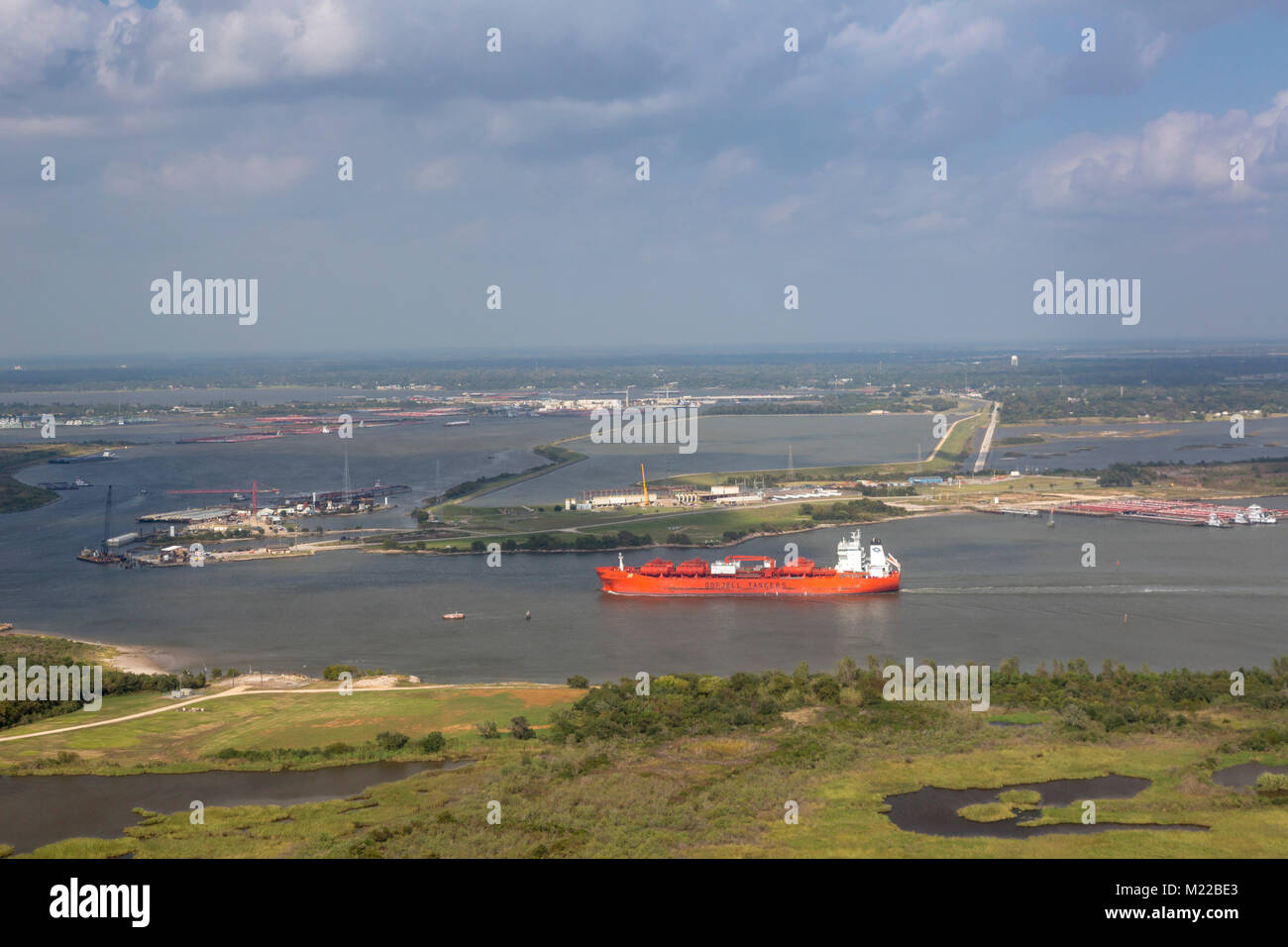 Houston, Texas - der Bug Sirius, einem norwegischen Öl- und Chemikalientanker, im Houston Ship Channel. Stockfoto